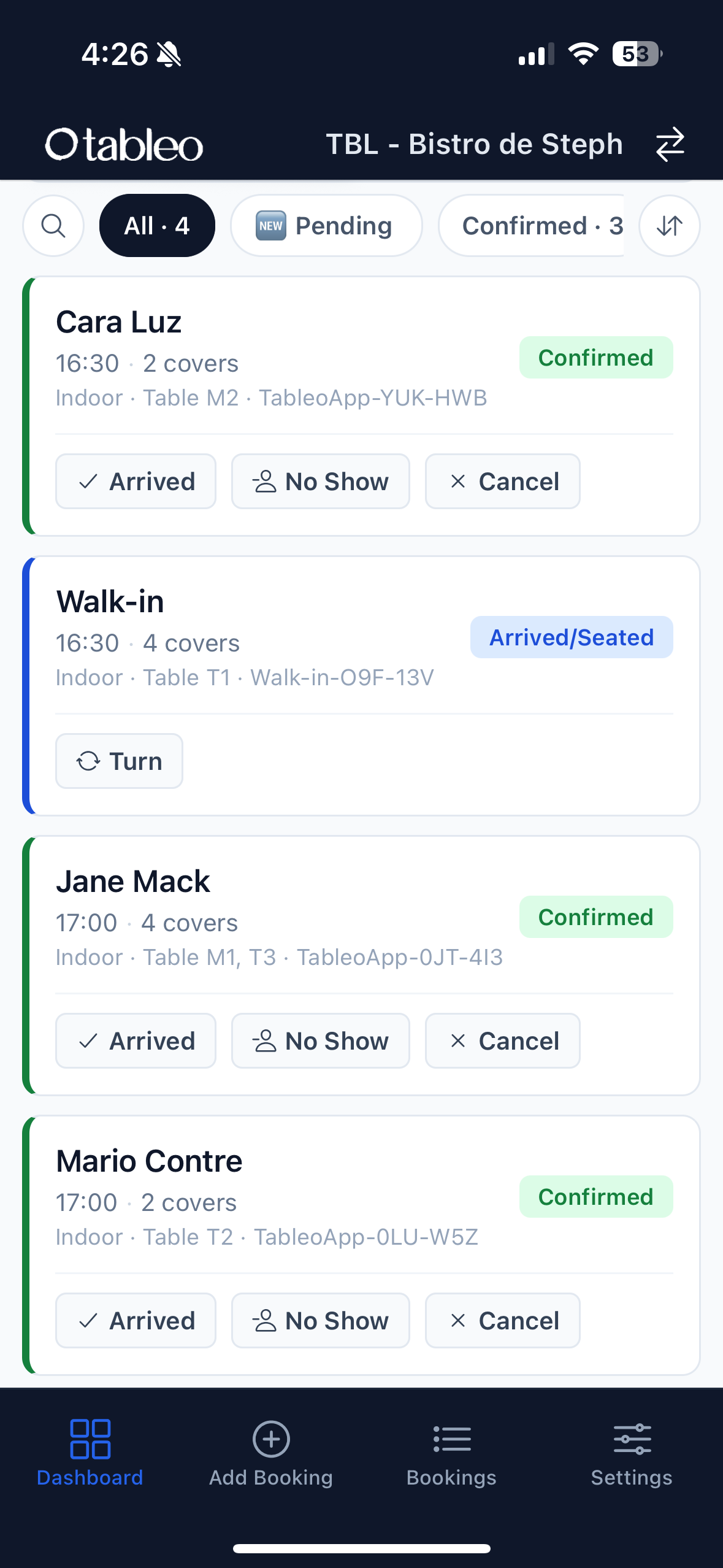 Mobile dashboard showing a list of bookings with times, party sizes, locations, and status badges (e.g., Confirmed, Arrived/Seated) with action buttons (Arrived, No Show, Cancel).
