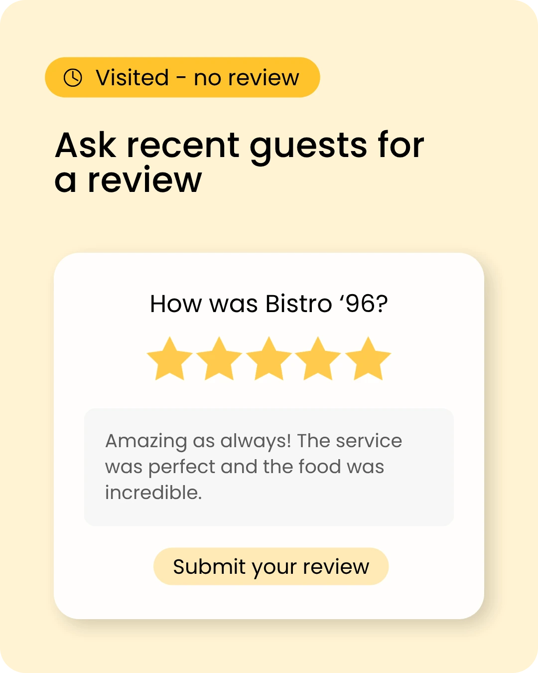 UI card inviting guests to leave a review for Bistro '96, with a 5-star rating area and a yellow 'Submit your review' button