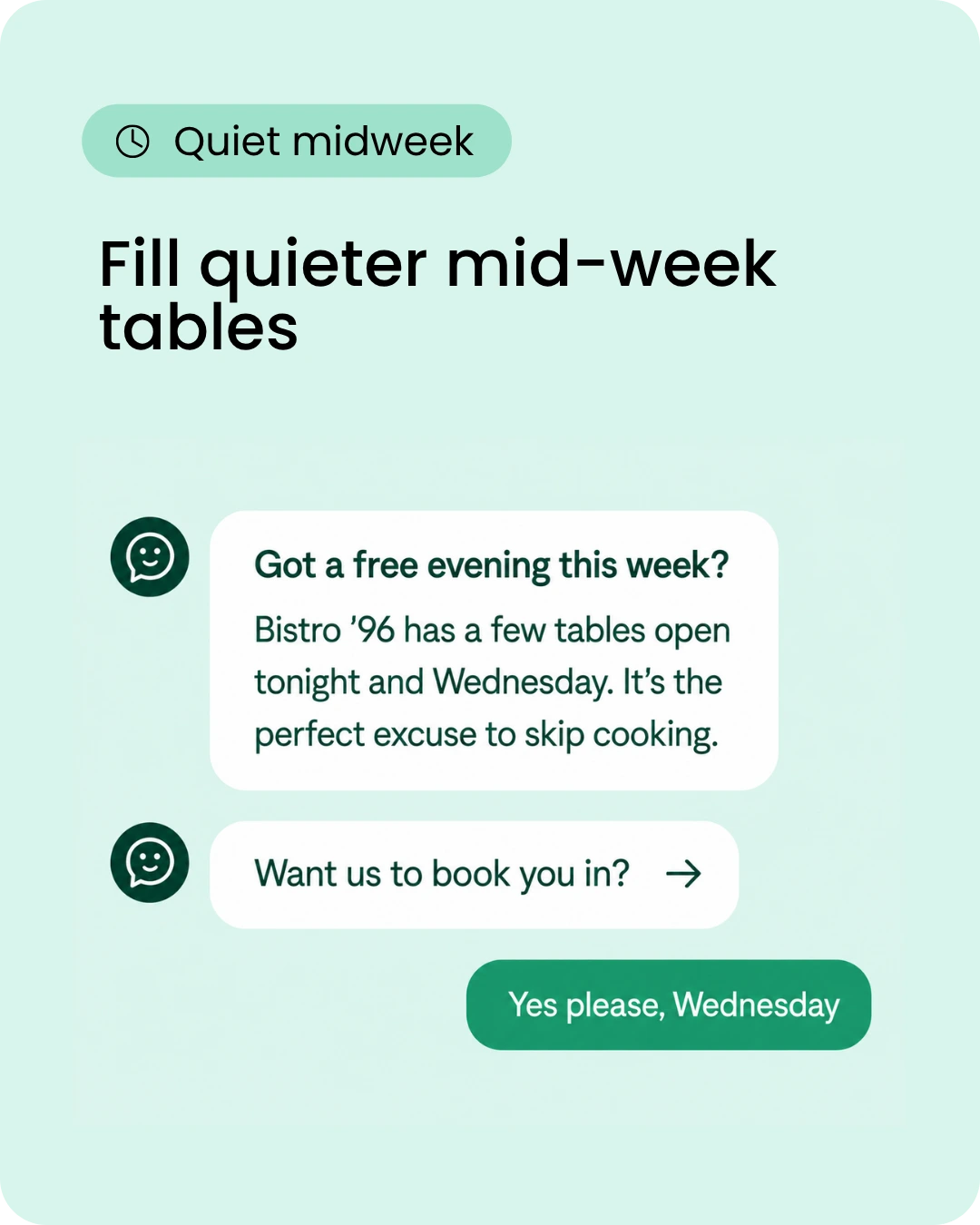 Promotional graphic encouraging midweek dining: mint background, 'Quiet midweek' badge, 'Fill quieter mid-week tables' headline, and chat bubbles about booking.