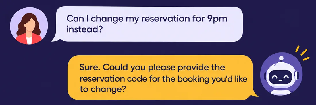AIMA chat: a guest asks to move their reservation to 9pm and AIMA asks for the reservation code