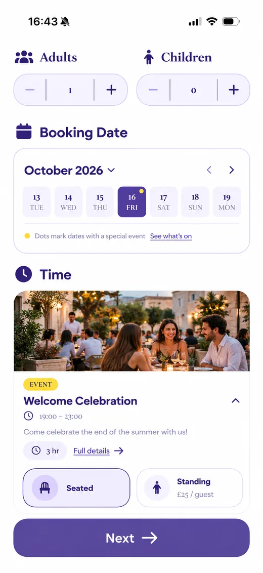 Tableo booking form on a phone with party size, booking date, event and seating choices