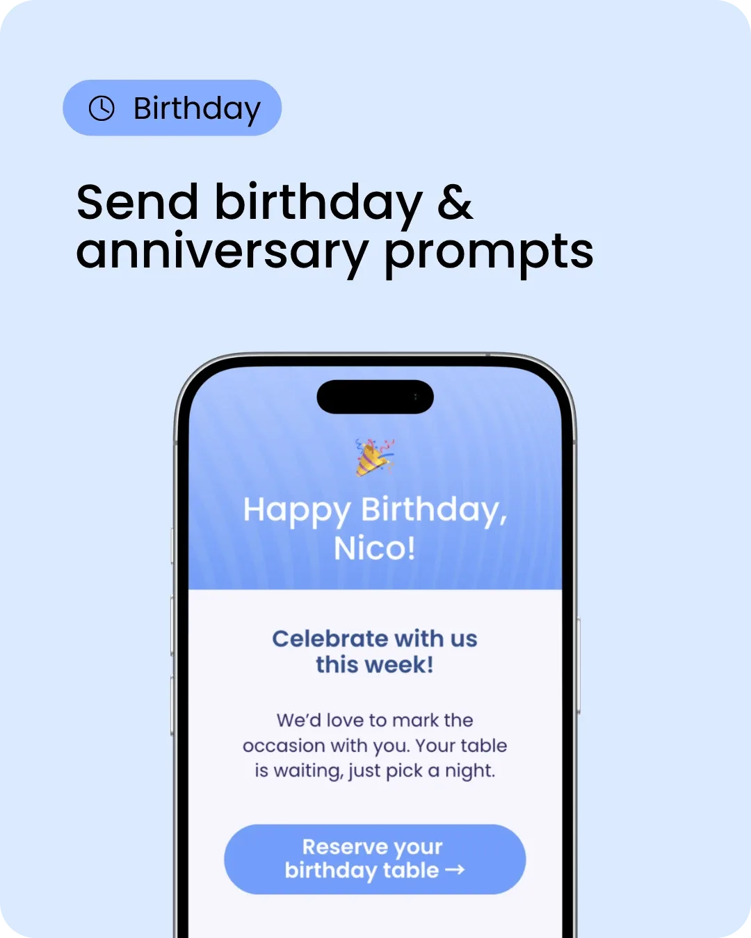Campaign example: Send birthday and anniversary prompts, with a birthday email on a phone