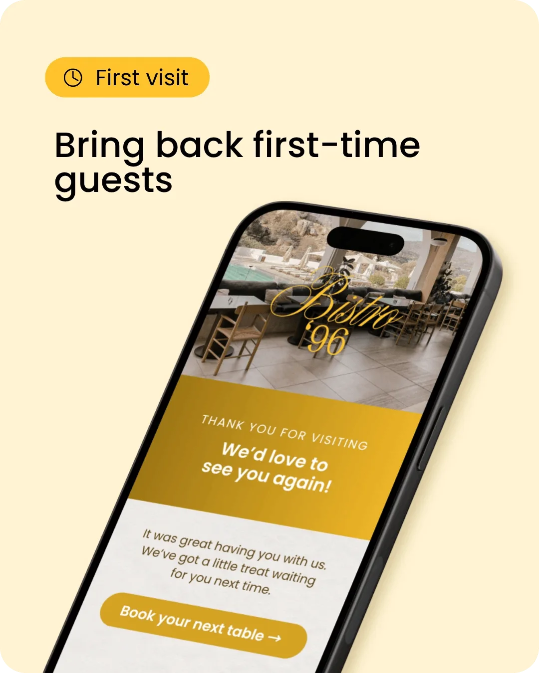 Campaign example: Bring back first-time guests, with a First visit trigger and an email on a phone