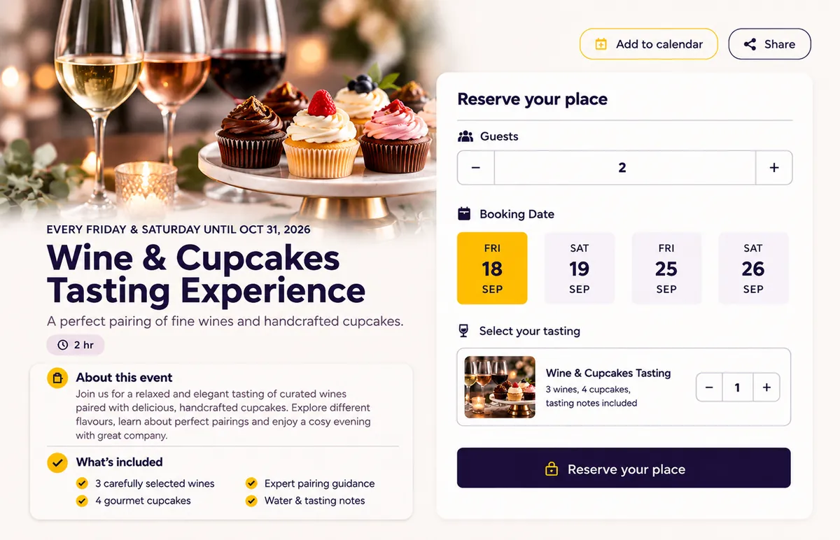Wine and Cupcakes Tasting Experience event booking page with guest count, Friday and Saturday dates, a tasting option and a Reserve your place button