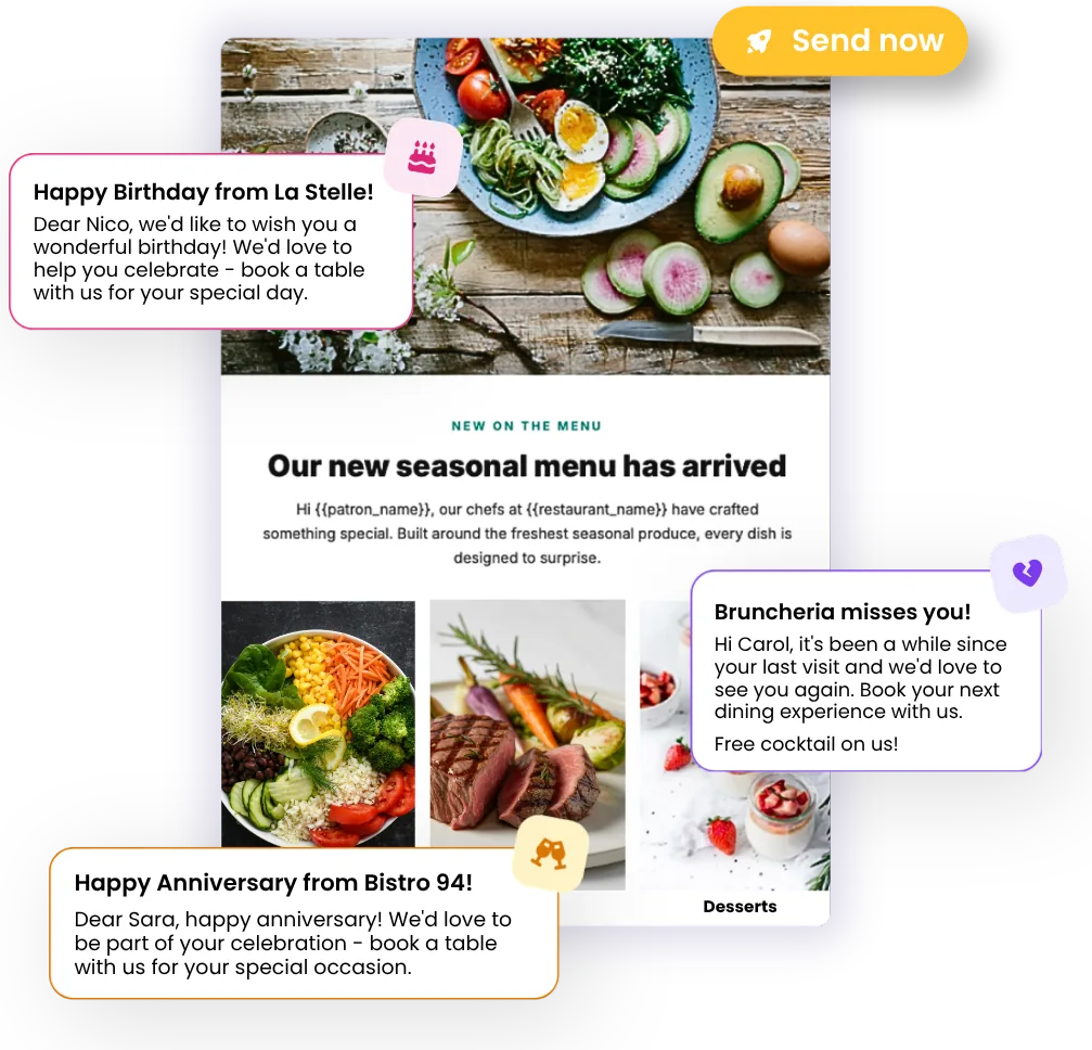 Tableo email campaign for a new seasonal menu with a Send now button, surrounded by automated messages: Happy Birthday from La Stelle, Bruncheria misses you and Happy Anniversary from Bistro 94