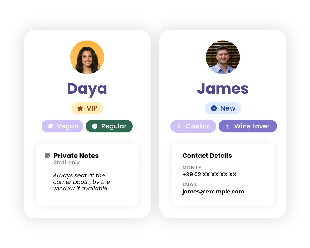 Two Tableo guest profile cards with visit history, tags and notes