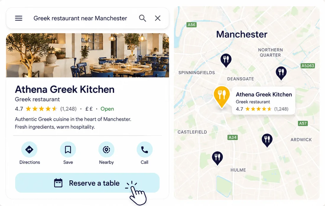 Restaurant listing on Google Search and Maps with a Reserve a table button