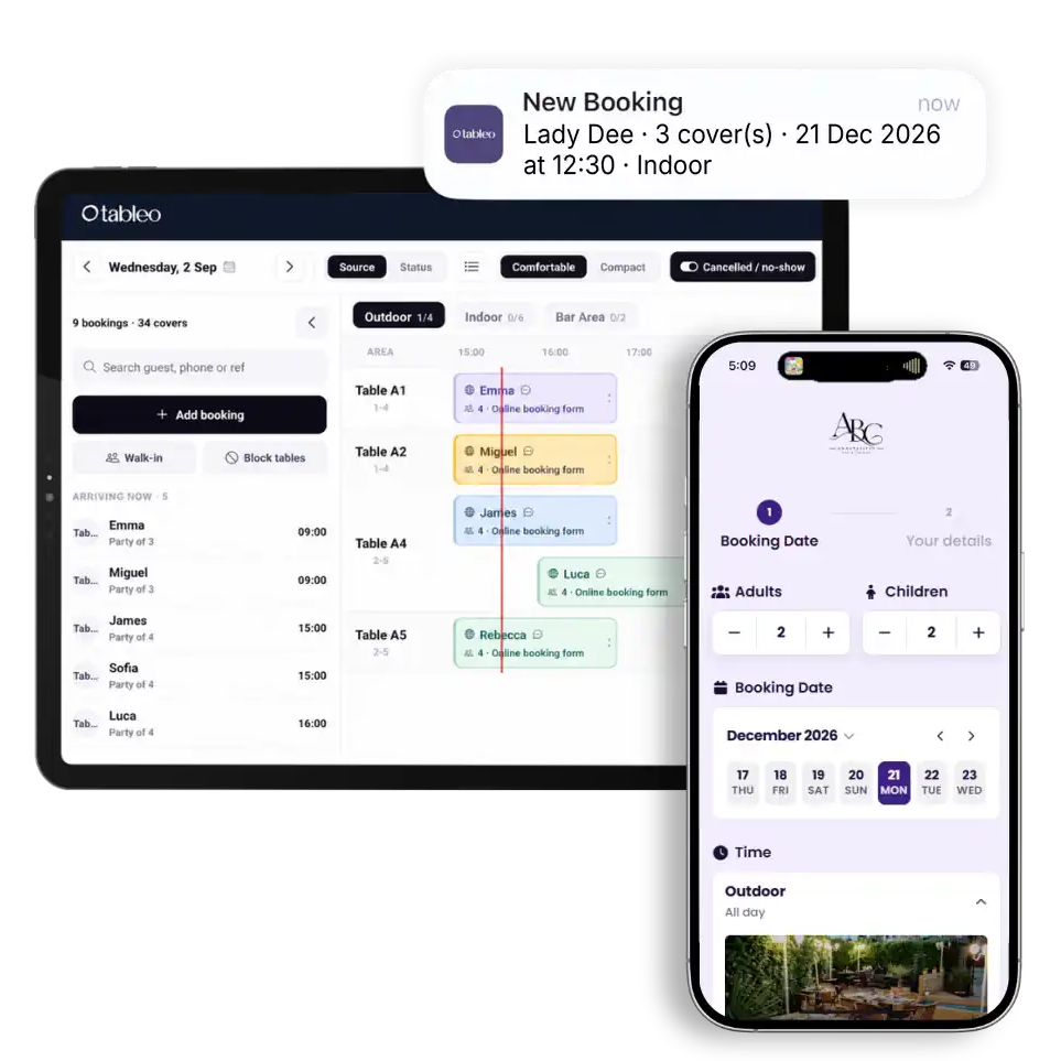 Tableo booking timeline on a tablet, a new-booking notification and a phone scrolling through the online booking flow