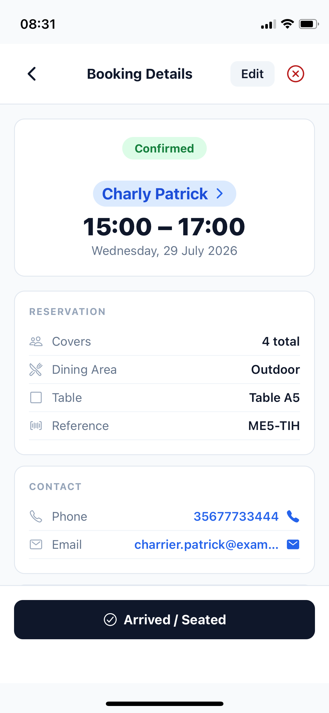 Tableo Manager app booking details with guest, reservation and contact information