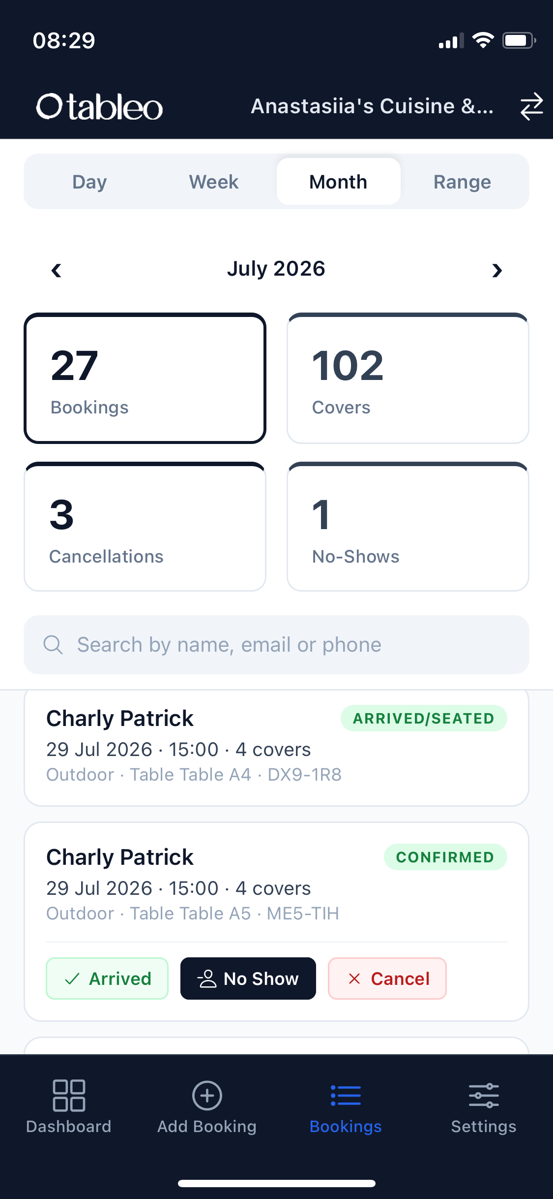 Tableo Manager app monthly dashboard showing bookings, covers, cancellations and no-shows