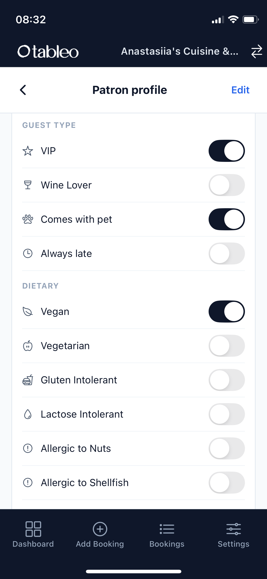 Tableo Manager app patron profile with guest type and dietary preferences