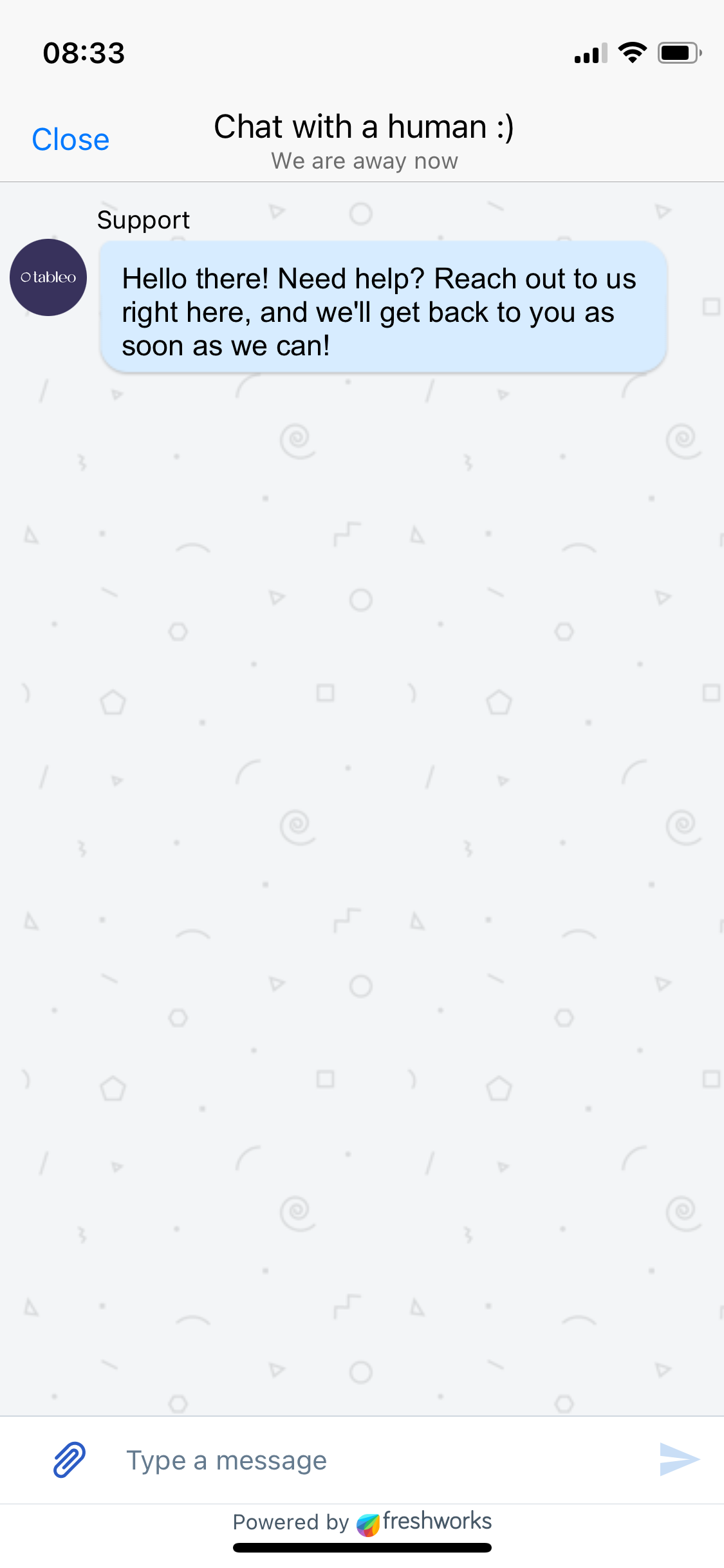 Tableo Manager app human support chat screen